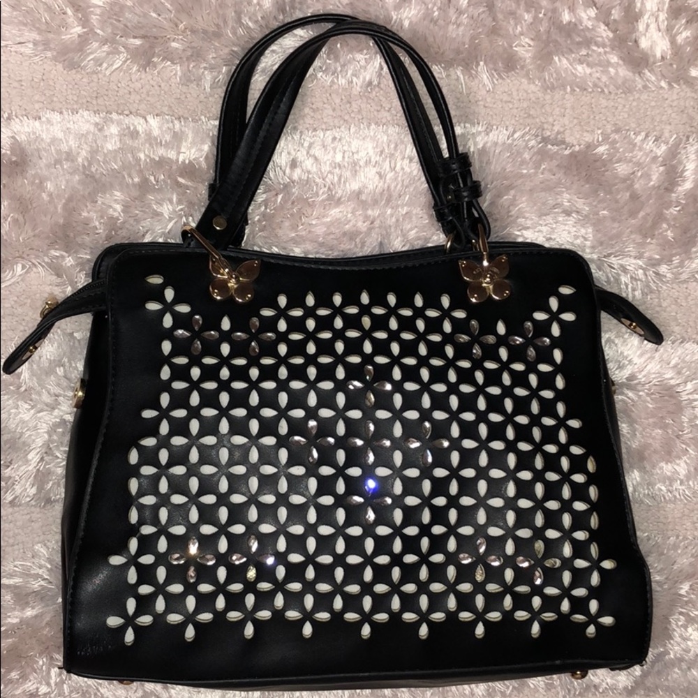Gold butterflies black tote